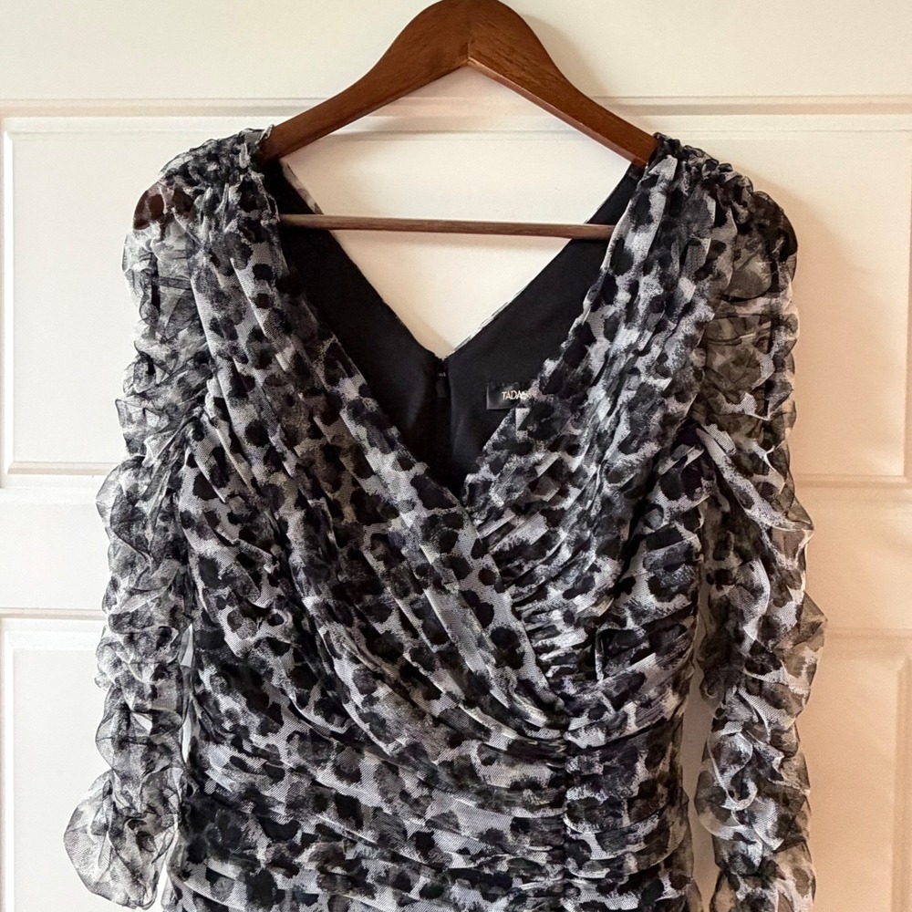 Tadashi Shoji Black & White Sheer Leopard Print Ruffle Wrap Blouse - Picture 3 of 12